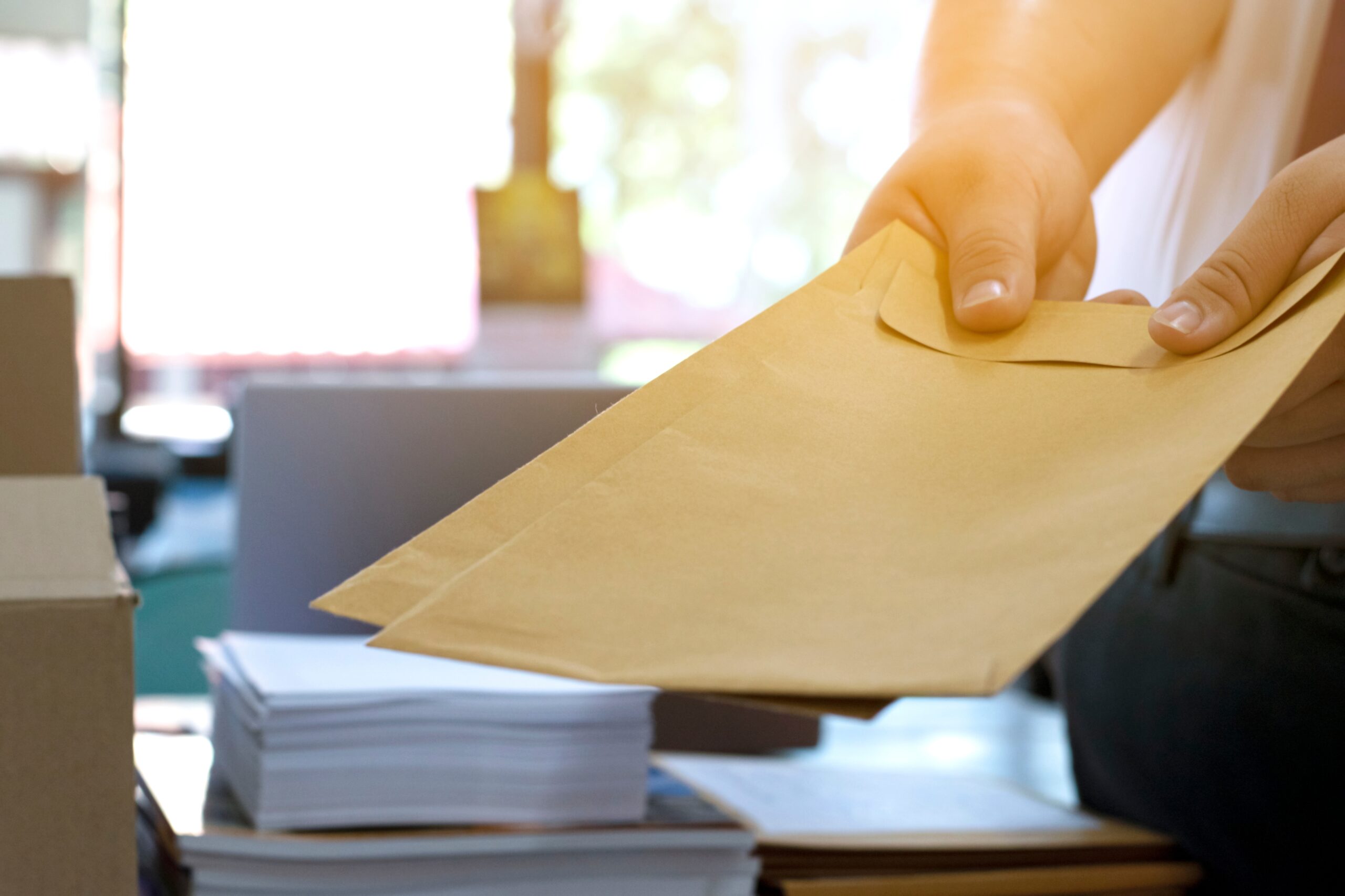 Office,Clerk,Or,Secretary,Is,Preparing,Documents,And,Brown,Envelopes