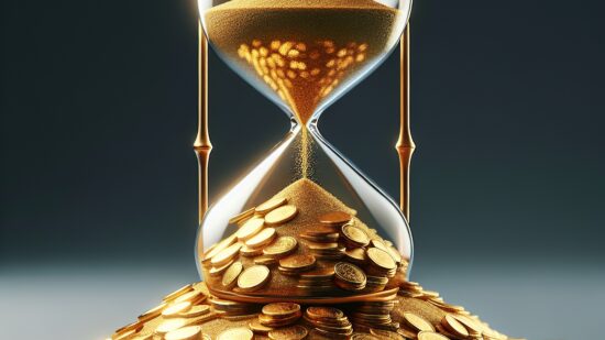 An,Hourglass,Stands,Tilted,On,A,Pile,Of,Gold,Coins,