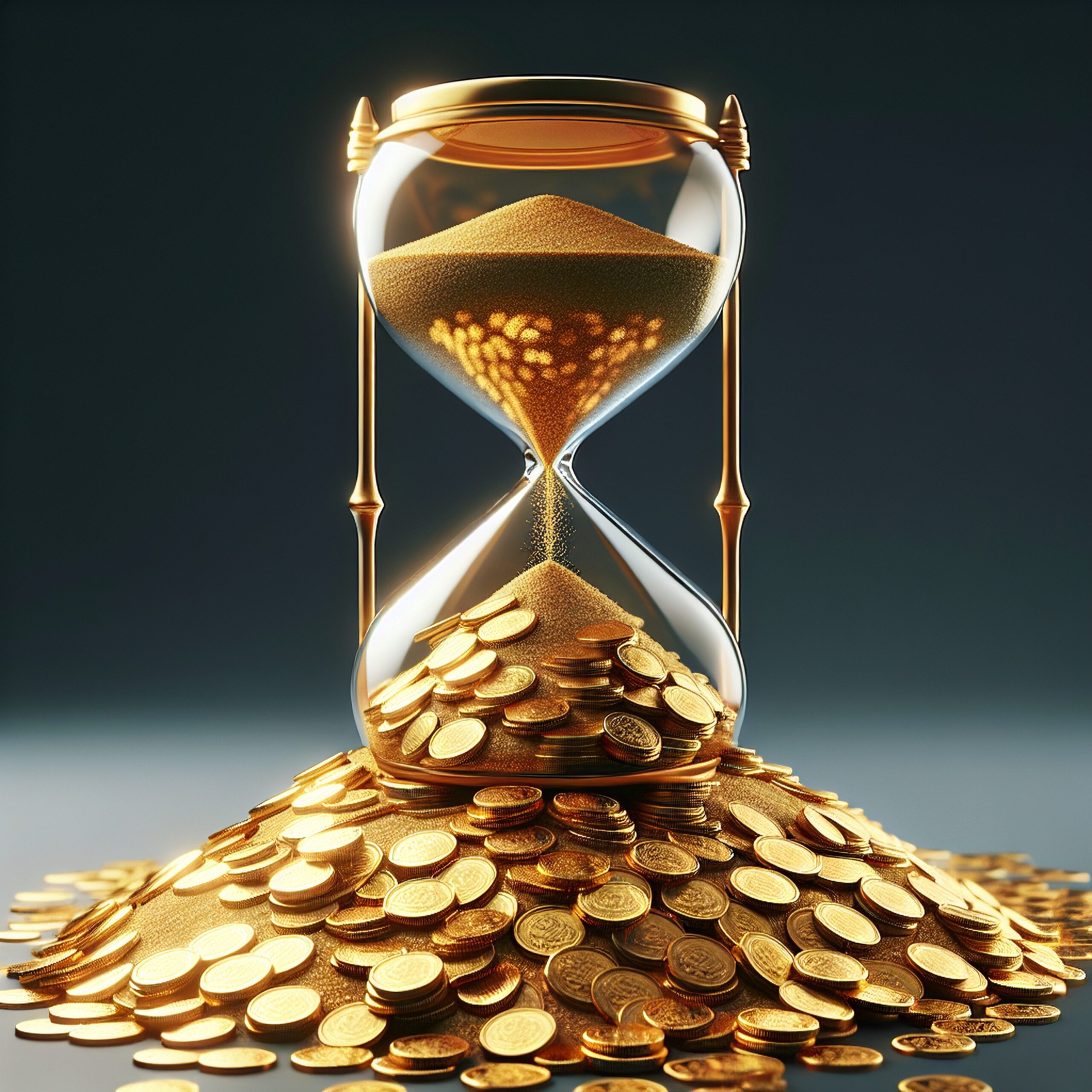 An,Hourglass,Stands,Tilted,On,A,Pile,Of,Gold,Coins,