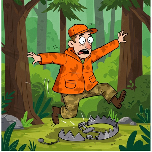 Hunter,In,Forest,Steps,On,His,Own,Trap,In,Cartoon