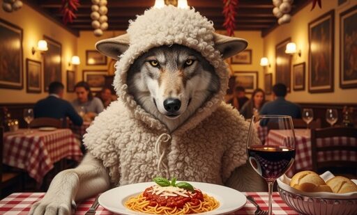 Create,A,Photograph-like,Image,Of,A,Wolf,In,Sheep's,Clothing